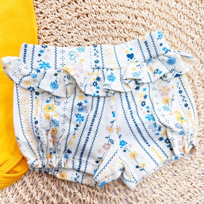 Conj. Body Duas Flores e Short Floral Tropical - Mostarda e Off White
